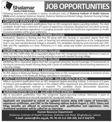 Shalamar Institute Of Health Sciences Lahore Jobs 2023 Jobs 2023 — original advertisement