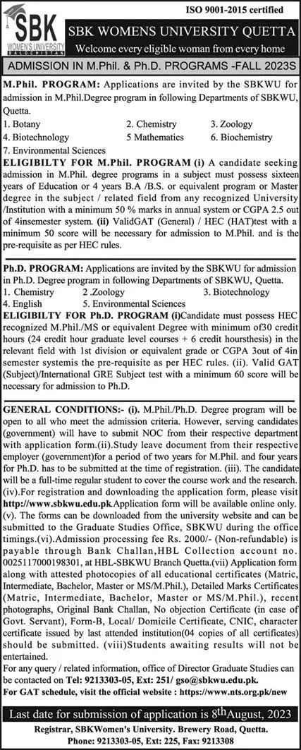 Sardar Bahadur Khan Women's University Admissions 2023 – Sardar Bahadur Khan Women's University Quetta Admissions 2023 — original advertisement