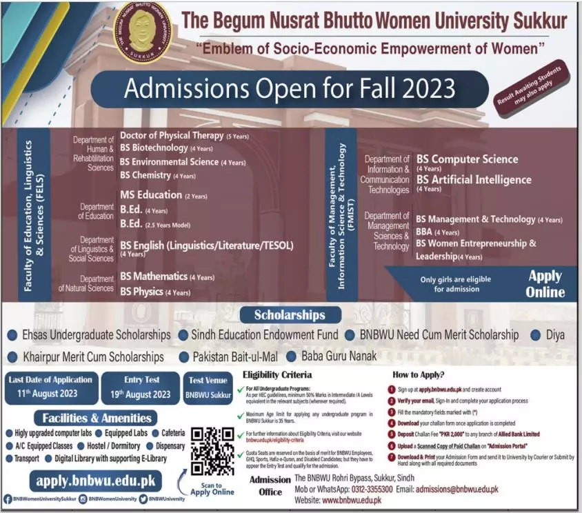 The Begum Nustat Bhutto women University Sukkur Admissions – Begum Nusrat Bhutto Women University Sukkur Admissions 2023 — original advertisement