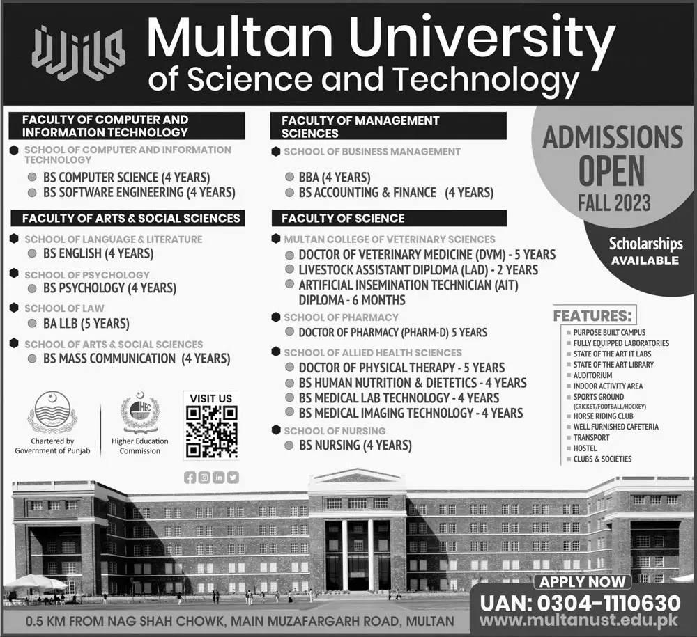 Multan University of Science and Technoogy Admissions 2023 – Multan University Of Science & Technology Admissions 2023 — original advertisement