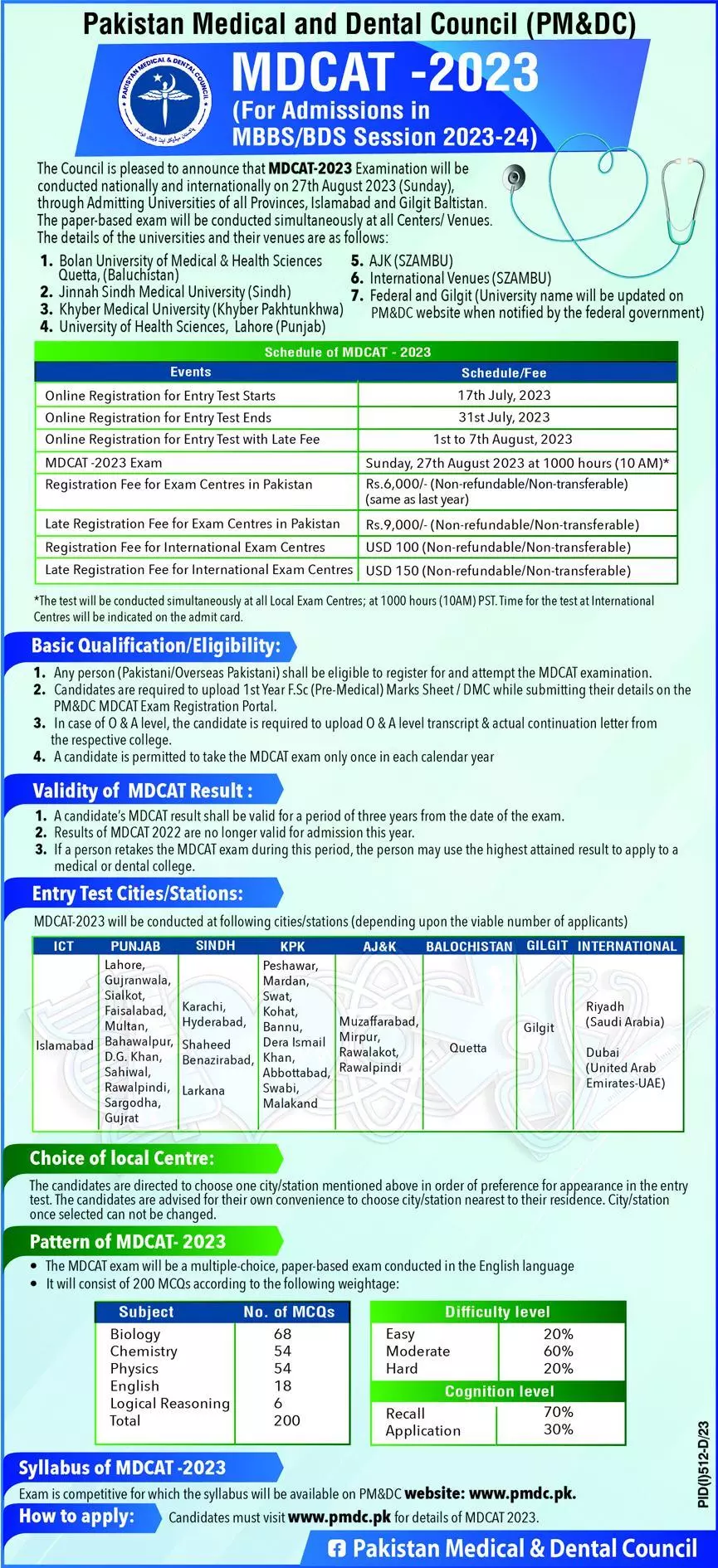 Pakistam Medical and Dental Councial PM& DC MDCAT Admissions – Higher Education Commission Islamabad Admissions 2023 — original advertisement