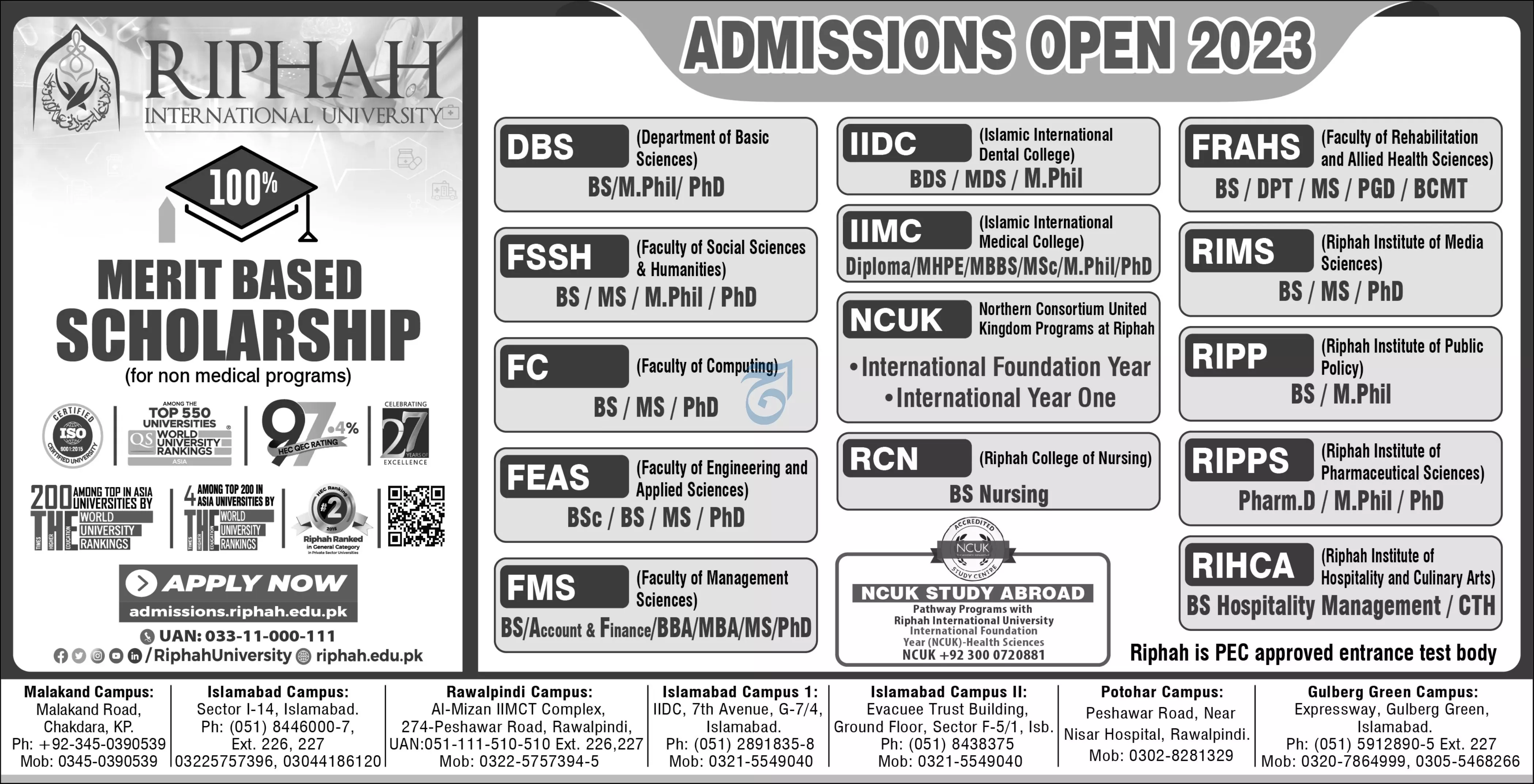 Riphah Internationl University Islamabad Admissions 2023 – Riphah International University Admissions 2023 — original advertisement