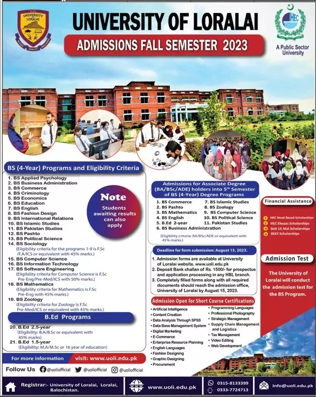 University of Loralai Balochistan Admissions 2023 Admissions 2023 — original advertisement