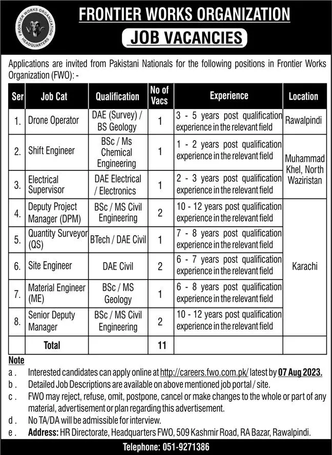 Frontier Works Organization Rawalpindi Jobs 2023 Jobs 2023 — original advertisement