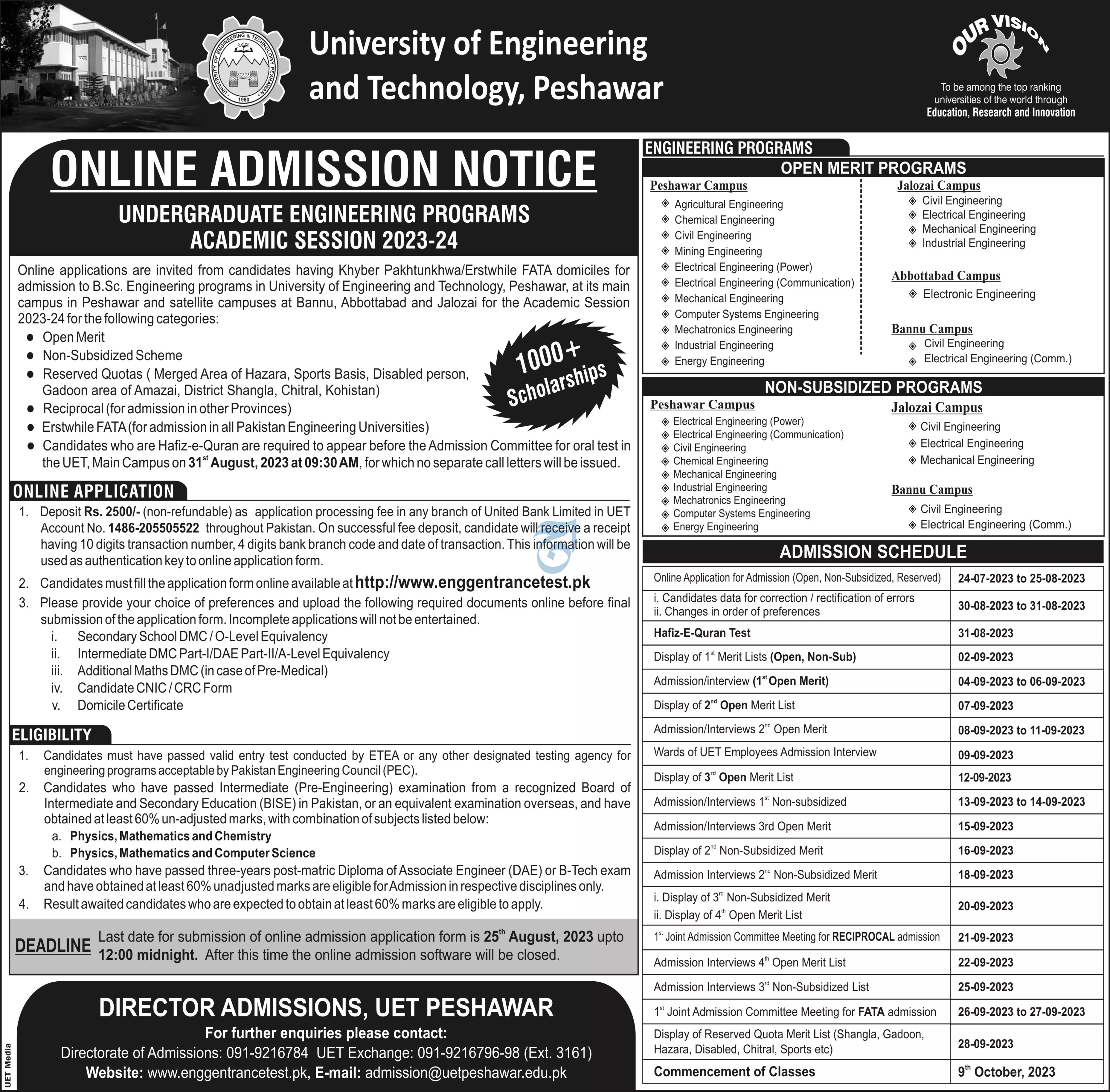 University of Engineering & Technology Peshawar Admissions – University of Engineering and Technology Peshawar Admissions 2023 — original advertisement