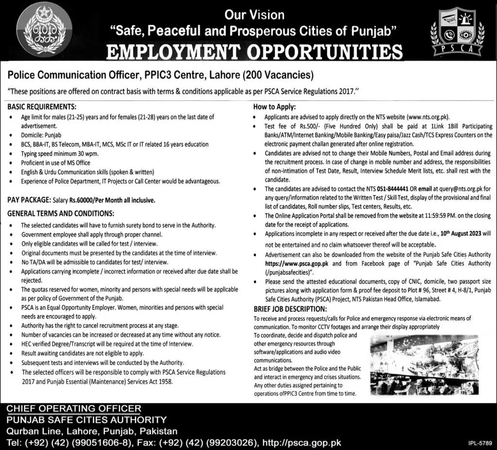 Punjab Safe Cities Authority PSCA Lahore Jobs 2023 Jobs 2023 — original advertisement