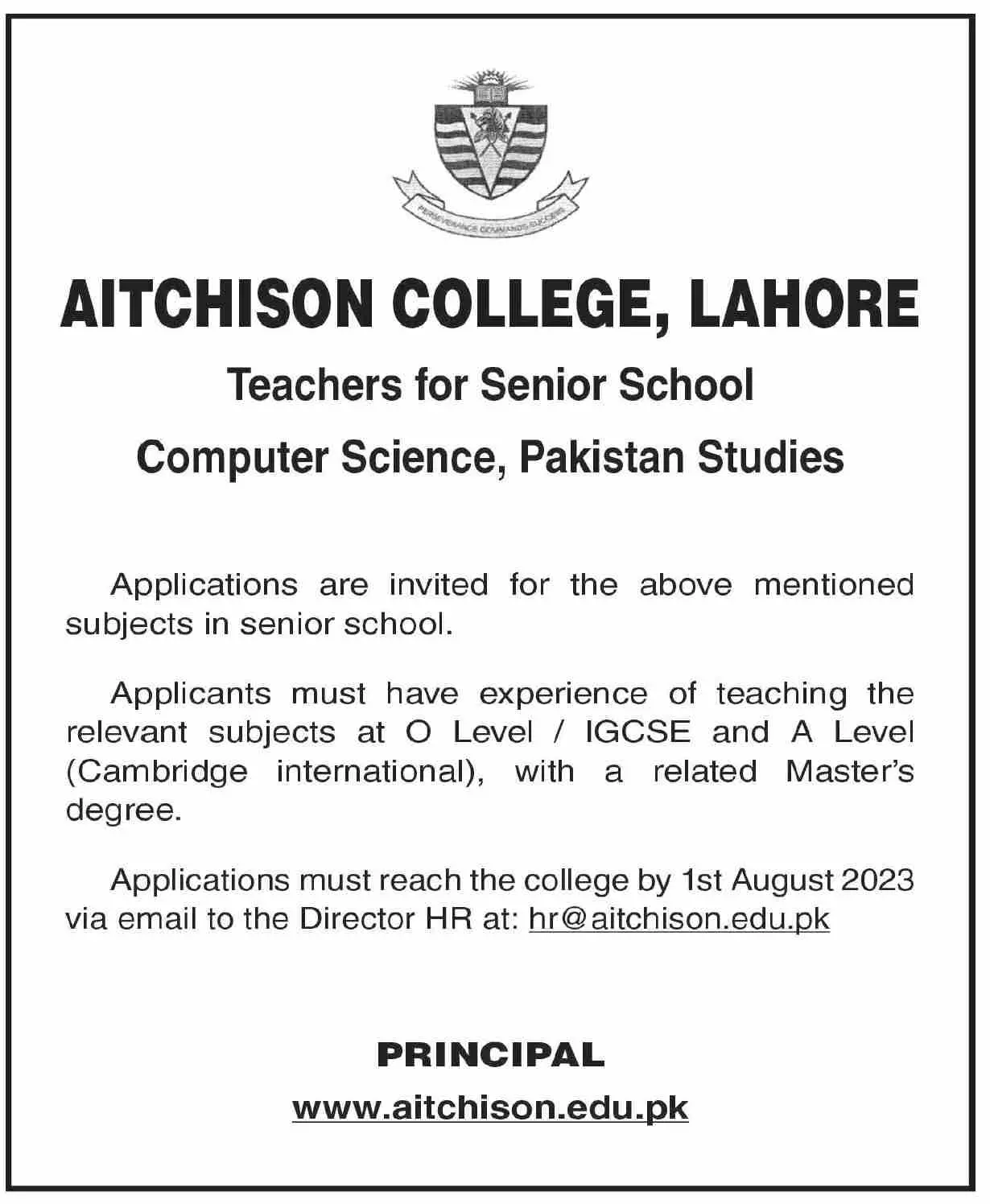 Aitchison College Lahore Punjab Jobs 2023 Jobs 2023 — original advertisement