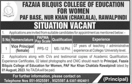 Fazaia Bilquis College of Education for Women Jobs 2023 – Fazaia Schools & Colleges Jobs 2023 — original advertisement