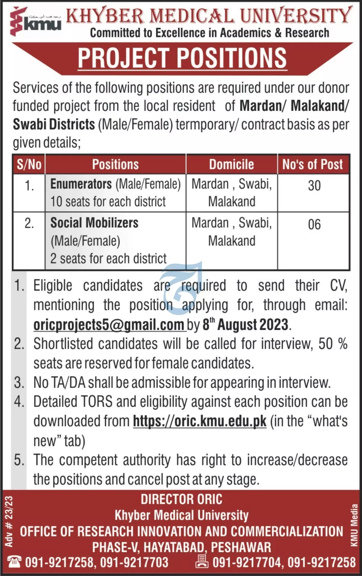 Khyber Medical University Peshawar Jobs 2023 Jobs 2023 — original advertisement