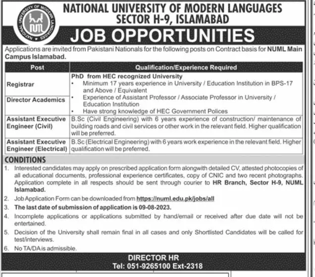 National University Of Modern Languages Numl Jobs Islamabad – National University of Modern Languages Islamabad Jobs 2023 — original advertisement