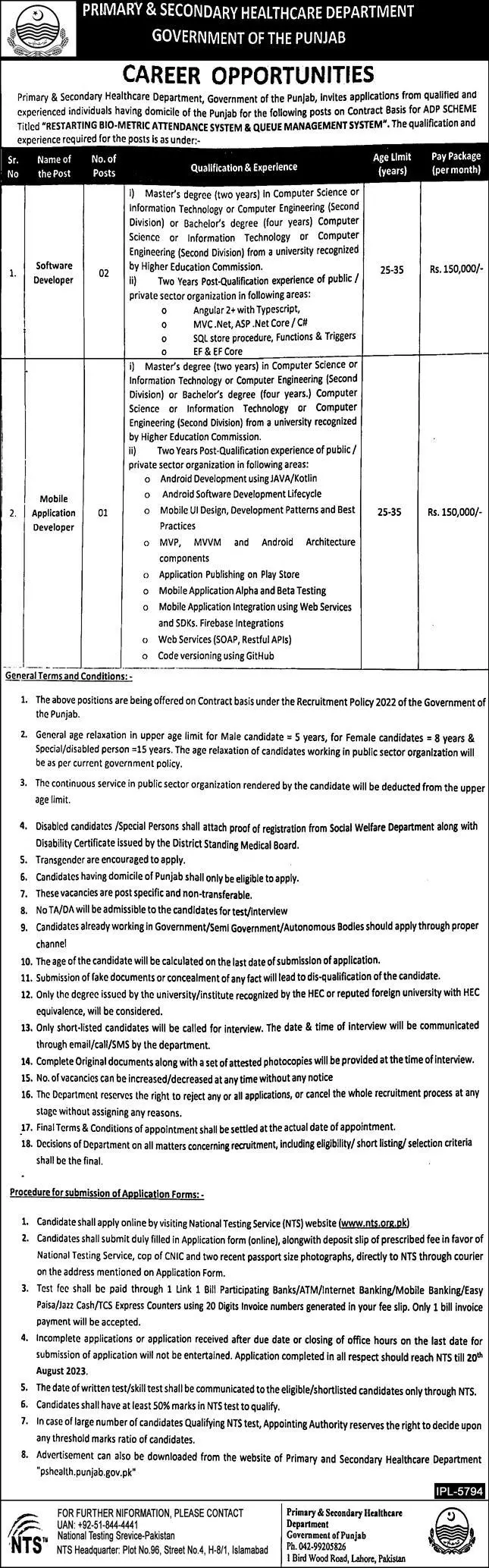 Primary & Secondary Healthcare Department Lahore Jobs 2023 – Health Department Punjab Jobs 2023 — original advertisement