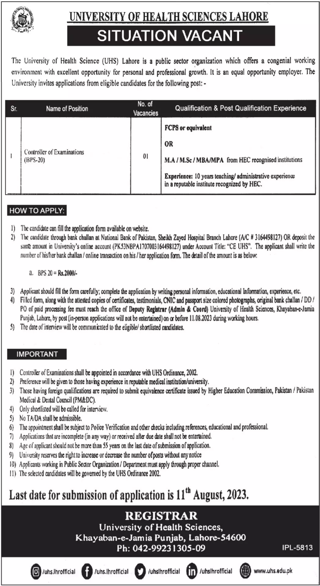 University of Health Sciences Lahore Punjab Jobs 2023 Jobs 2023 — original advertisement