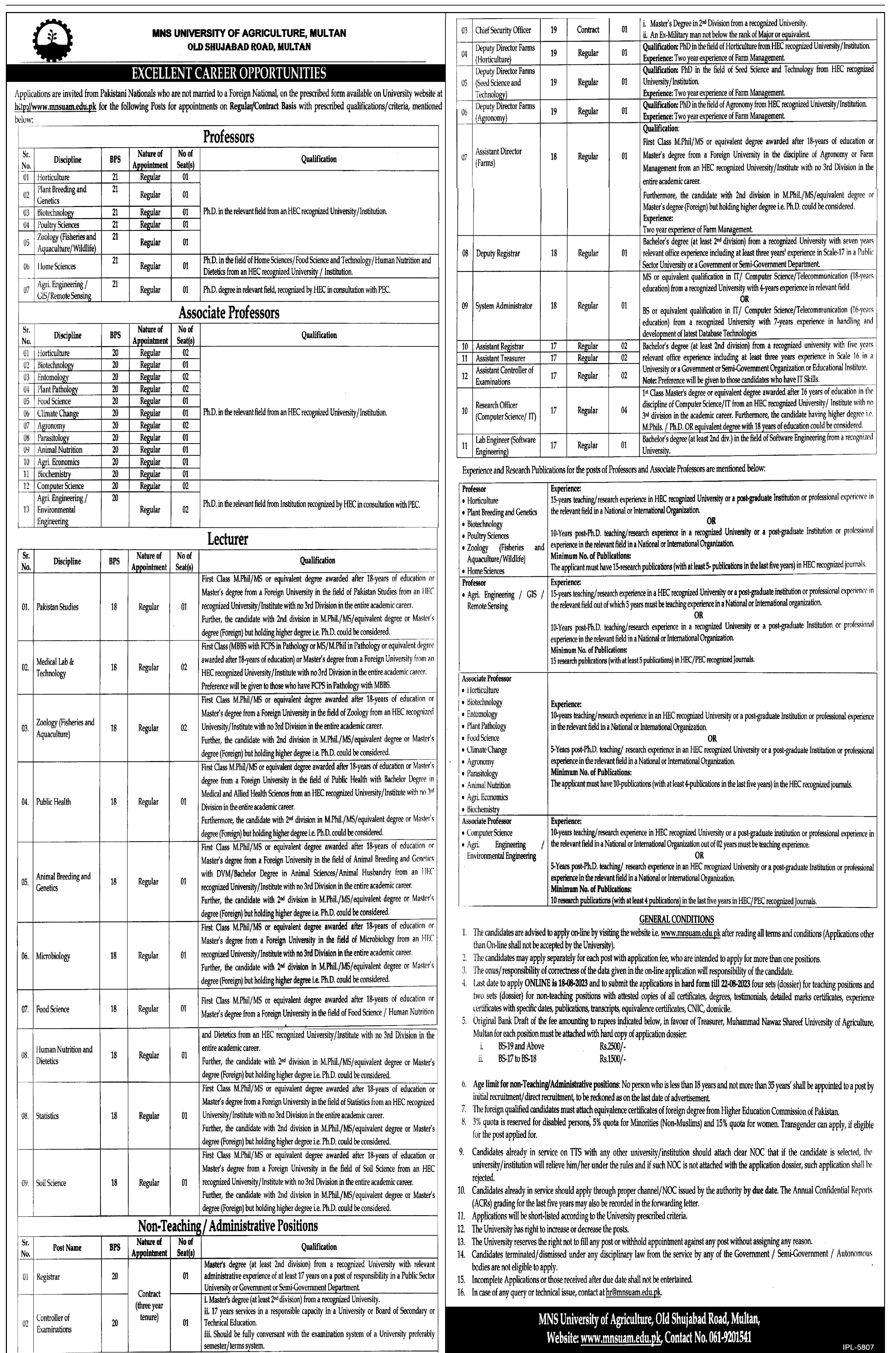 MNS University Of Agriculture Multan Punjab Jobs 2023 – MNS-University of Agriculture, Multan. Jobs 2023 — original advertisement