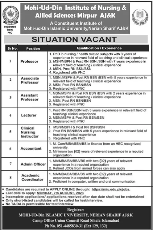 Mohi Ud Din Institute Of Nursing & Allied Science Jobs 2023 – Mohi-ud-Din Islamic Medical College Mirpur AJ&K Jobs 2023 — original advertisement