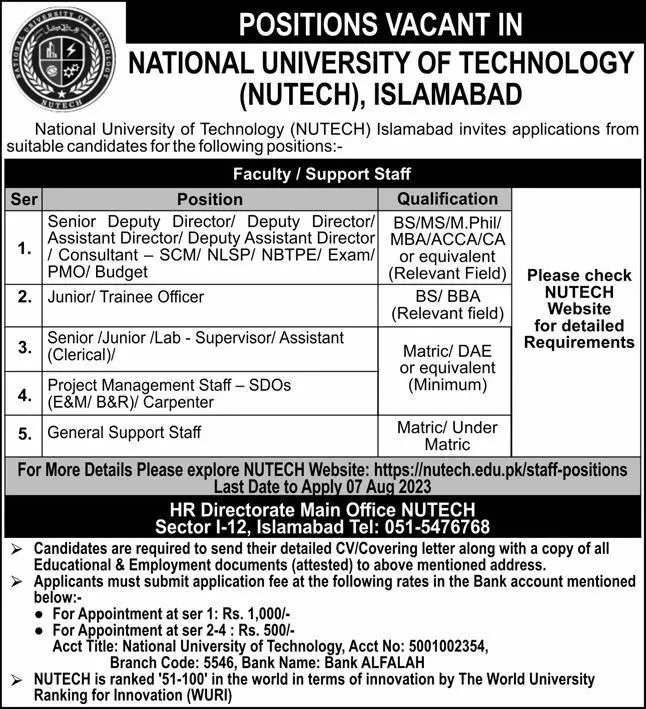 National University of Technology NUTEC Islamabad Jobs 2023 – National University of Technology NUTECH Islamabad Jobs 2023 — original advertisement
