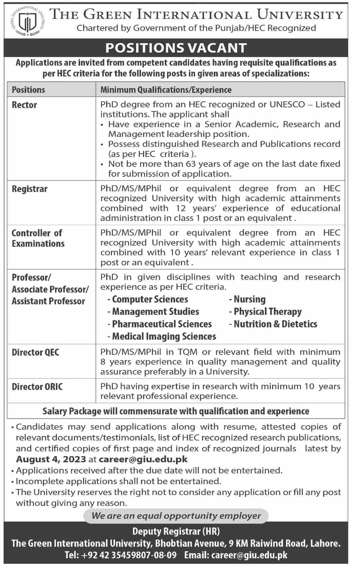 The Green International University Lahore Punjab Jobs 2023 Jobs 2023 — original advertisement