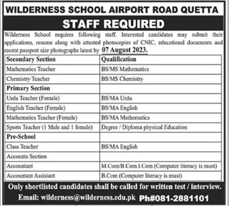 Wilderness School Quetta Balochistan Jobs 2023 Jobs 2023 — original advertisement