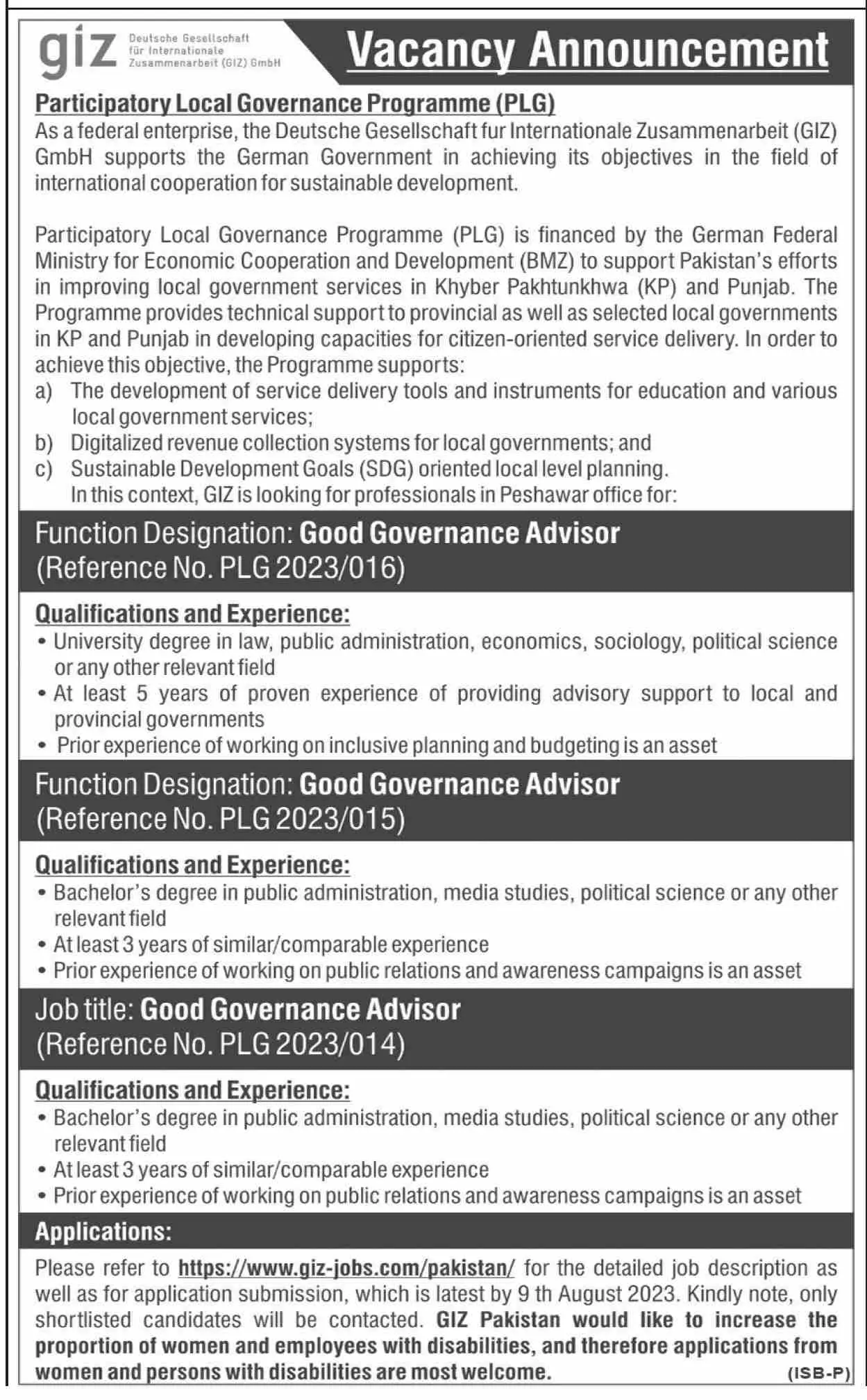 Giz Ngo Peshawar Khyber Pakhtunkhwa Jobs 2023 – GIZ Deutsche Gesellschaft für Internationale Zusammenarbeit (GIZ) GmbH Jobs 2023 — original advertisement