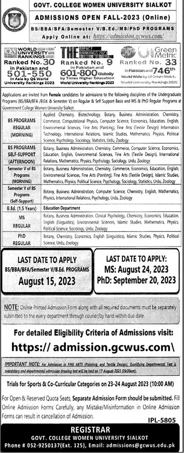 Govt College Women University Sialkot Admissions 2023 – Government College Women University Sialkot Admissions 2023 — original advertisement