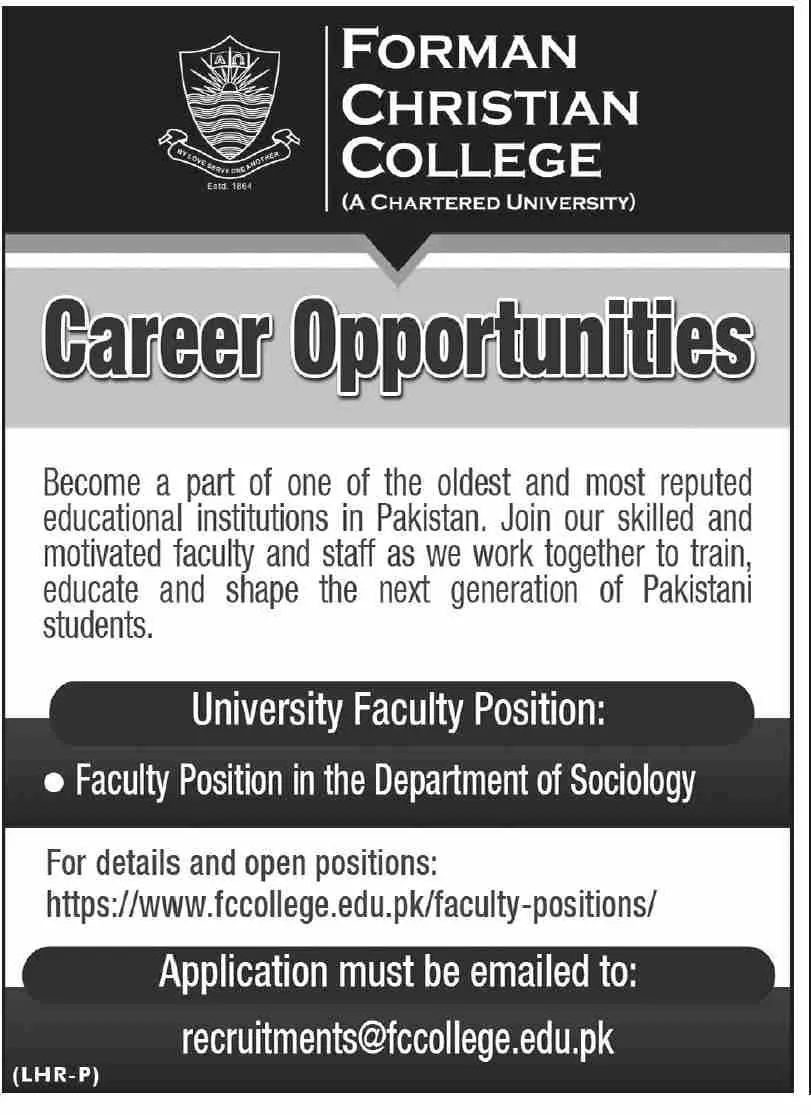 forman cHrisrian College Jobs 2023 – Forman Christian College Lahore Jobs 2023 — original advertisement