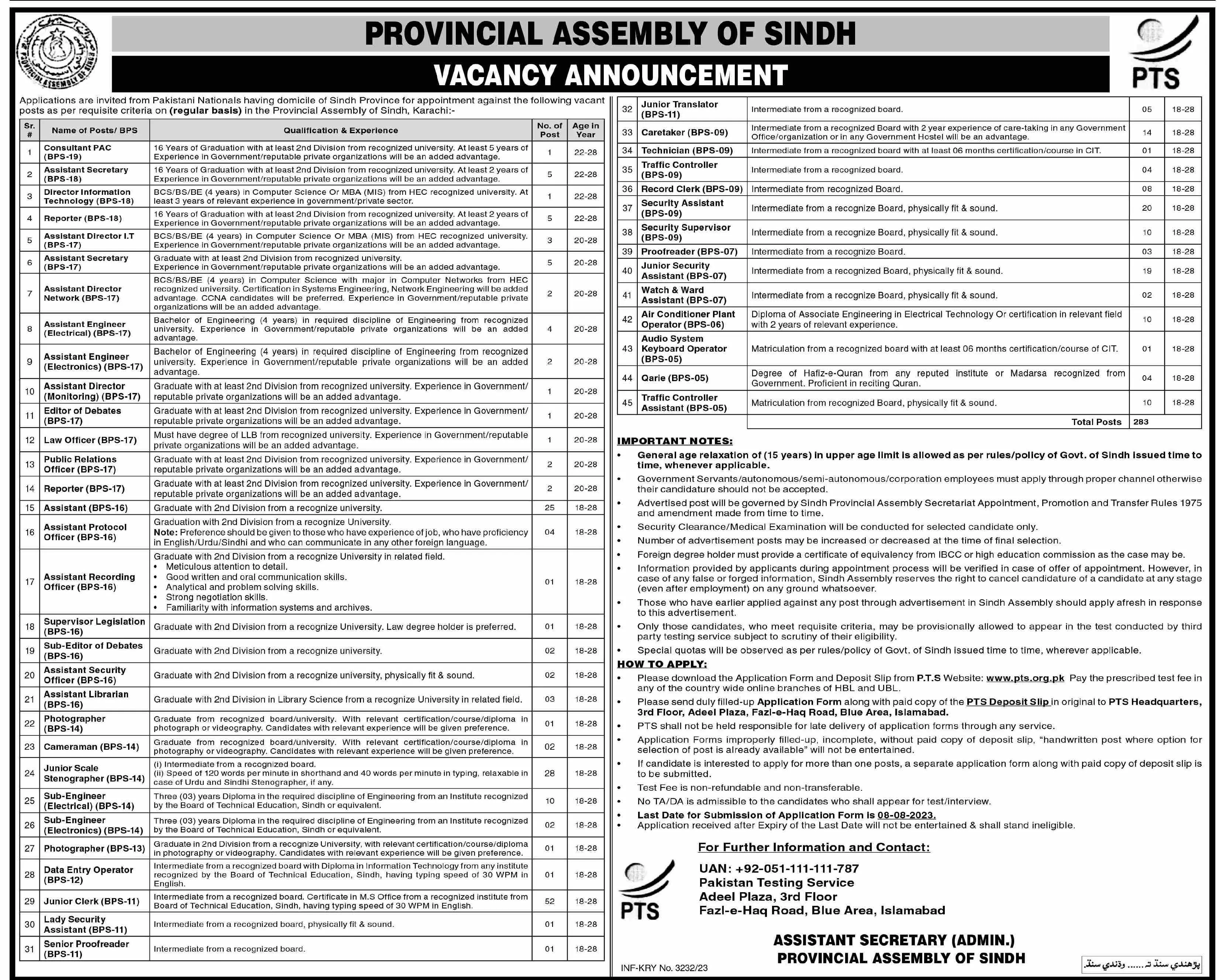 Provincial Assembly Sindh Karachi Jobs 2023 – Govt of Sindh Jobs 2023 — original advertisement