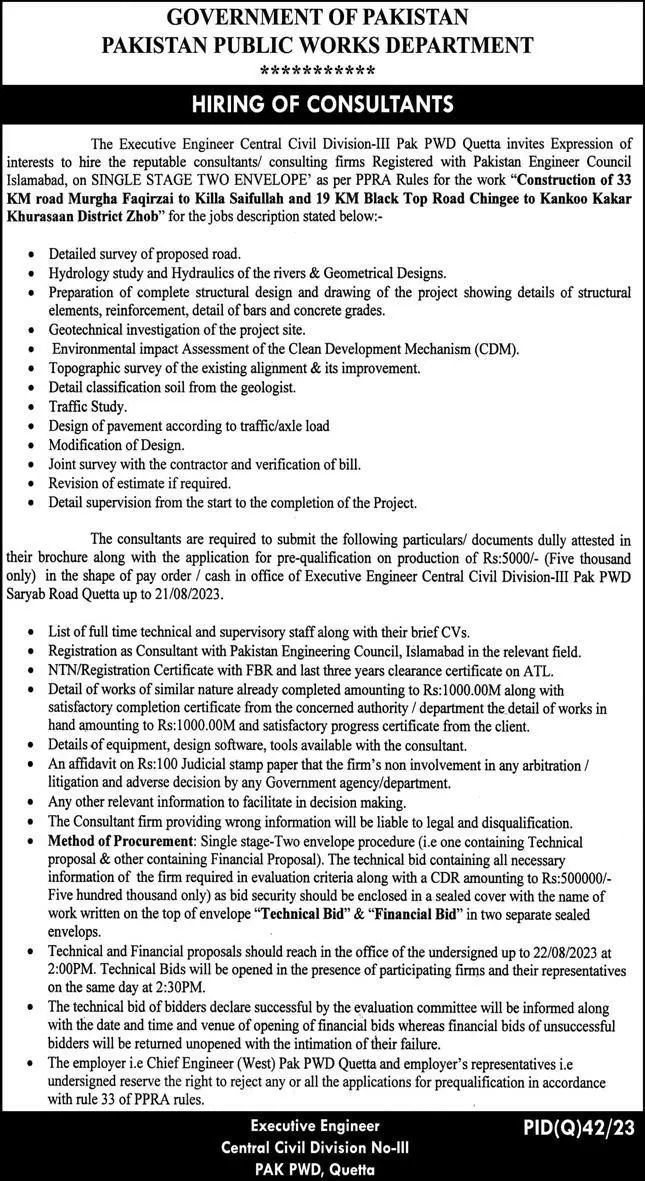 Pakistan Public Works Department PWD Quetta Jobs 2023 – Pakistan Public Works Department Pakistan Jobs 2023 — original advertisement