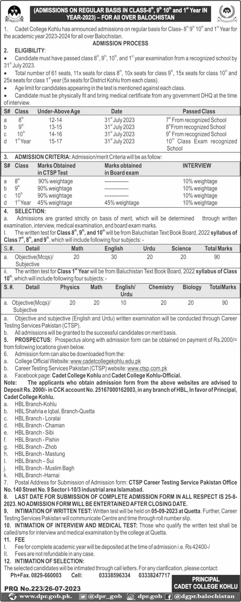 Cadet College Kohlu Balochistan Admissions 2023 Admissions 2023 — original advertisement