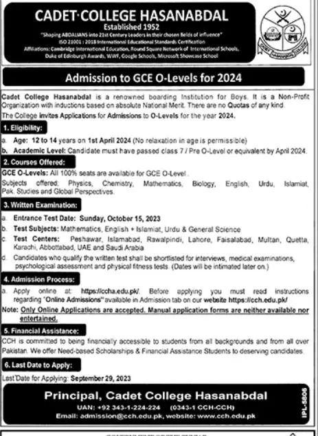 Cadet College Hasanabal Admissions 2023 – Cadet College Hasan Abdal Admissions 2023 — original advertisement
