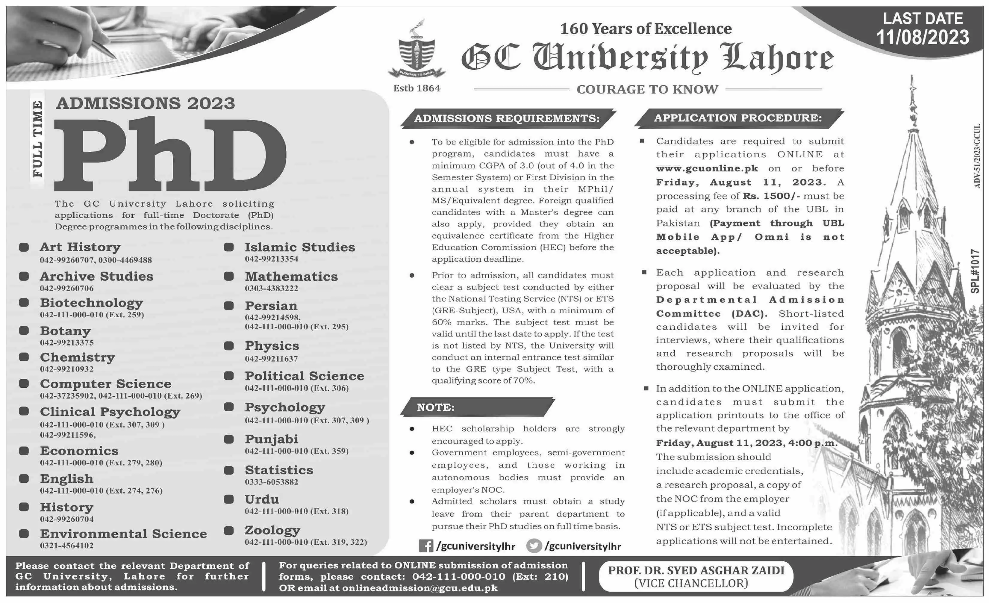 Government GC University Lahore Admissions 2023 – Government College University Lahore Admissions 2023 — original advertisement