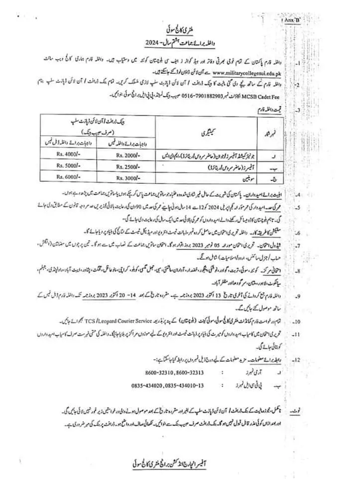 Military College Sui Balochistan Admissions 2023 Admissions 2023 — original advertisement