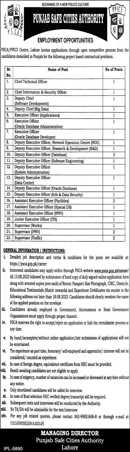 Punjab Safe Cities Authority PSCA Lahore Jobs 2023 Jobs 2023 — original advertisement