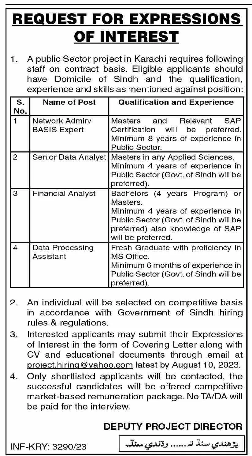 Public Sector Project Karachi Sindh Jobs 2023 – Public Sector Organization Jobs 2023 — original advertisement