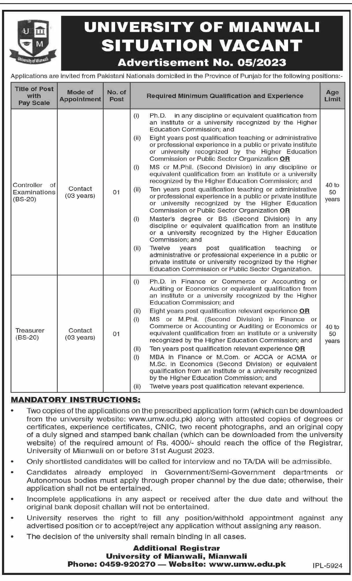 University Of Mianwali Punjab Jobs 2023 Jobs 2023 — original advertisement