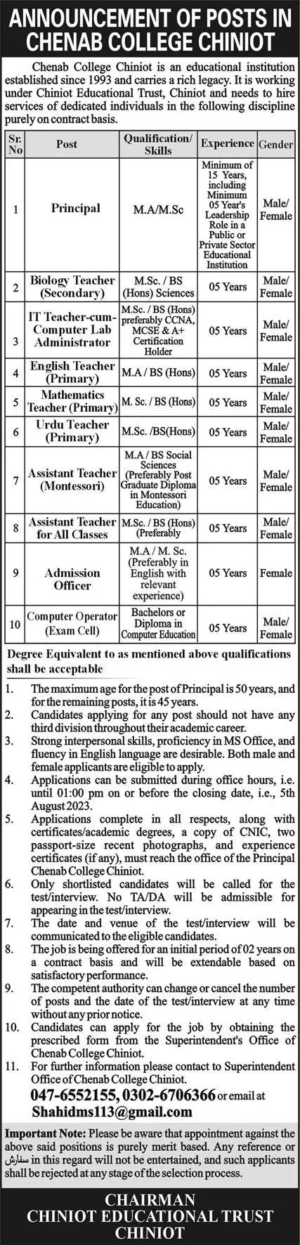 Chenab College Chiniot Jobs 2023 Jobs 2023 — original advertisement