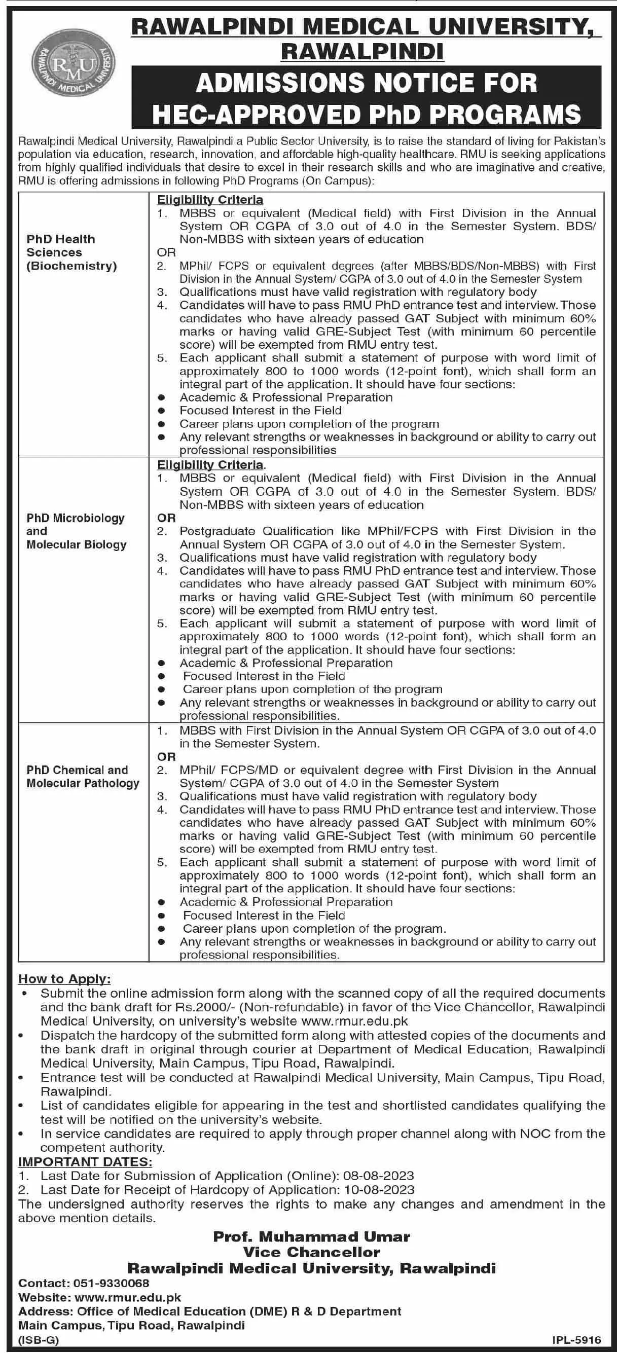 Rawalpindi Medical University Rawalpindi Admissions 2023 – Rawalpindi Medical University Punajb Admissions 2023 — original advertisement