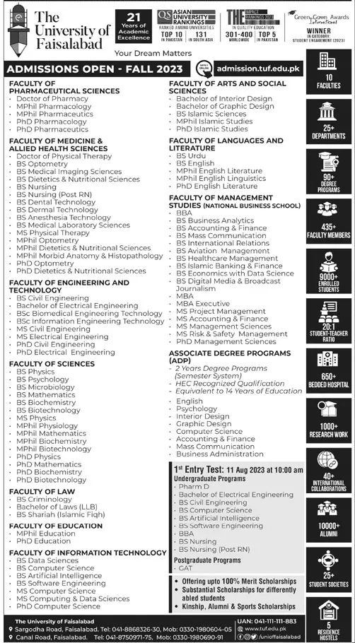 The University of Faisalabad Admissions 2023 Admissions 2023 — original advertisement
