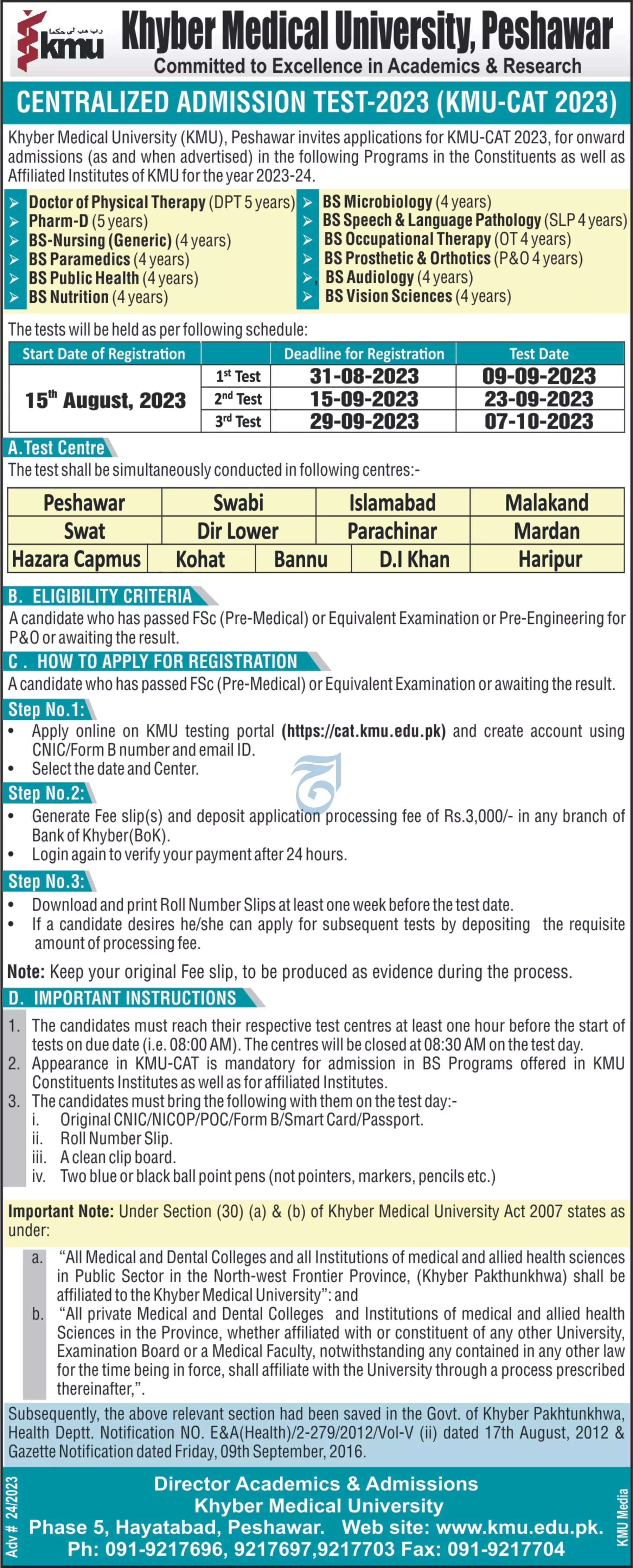 Khyber Medical University Peshawar Admissions 2023 – Khyber Medical College KMC Peshawar Admissions 2023 — original advertisement