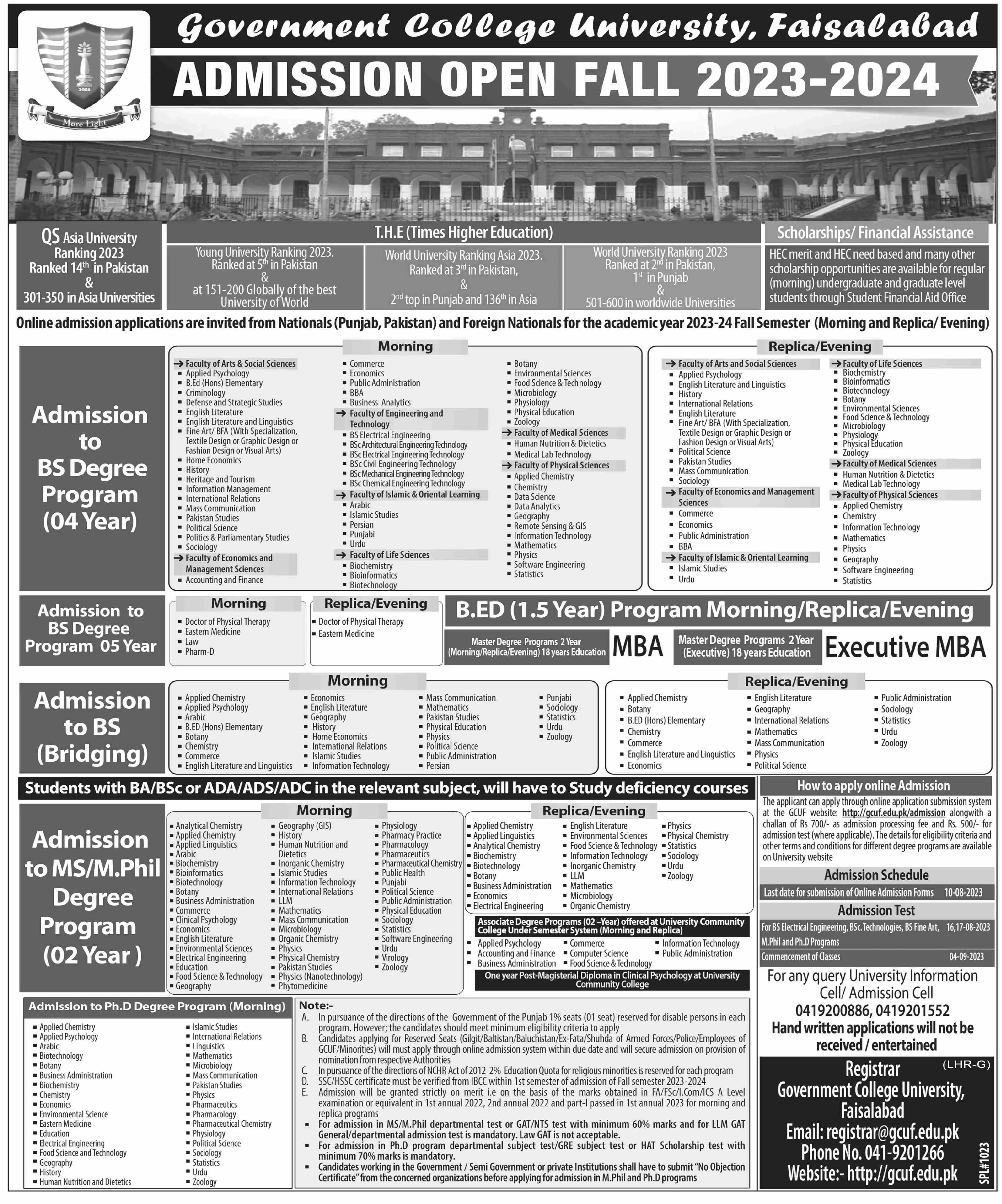 Government College University Faislabad Admissions 2023 – Government College University Faisalabad Admissions 2023 — original advertisement