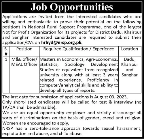 National Rural Support Programme NRSP Sindh Jobs 2023 – National Rural Support Program NRSP Jobs 2023 — original advertisement