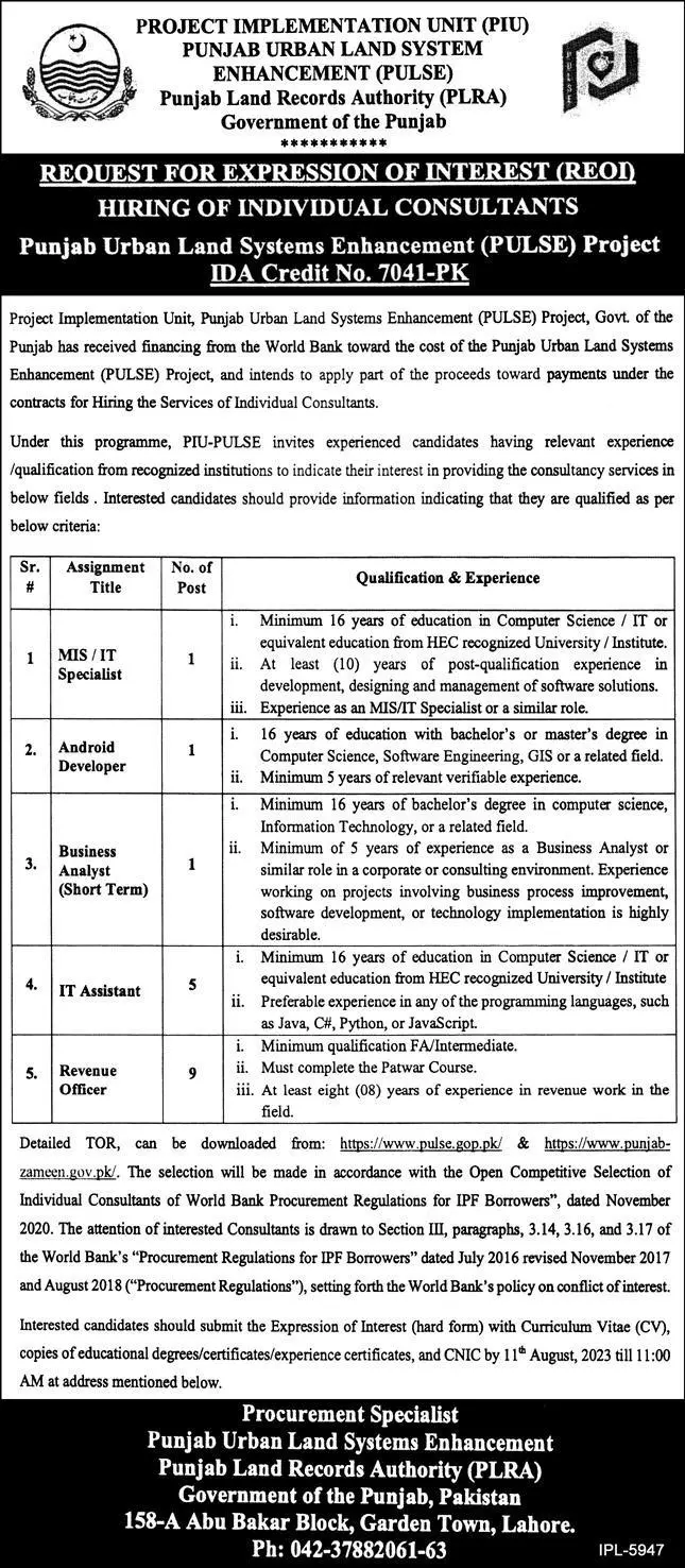 Punjab Urban Land System Enhancement PULSE Jobs 2023 – The Urban Unit Punjab Jobs 2023 — original advertisement