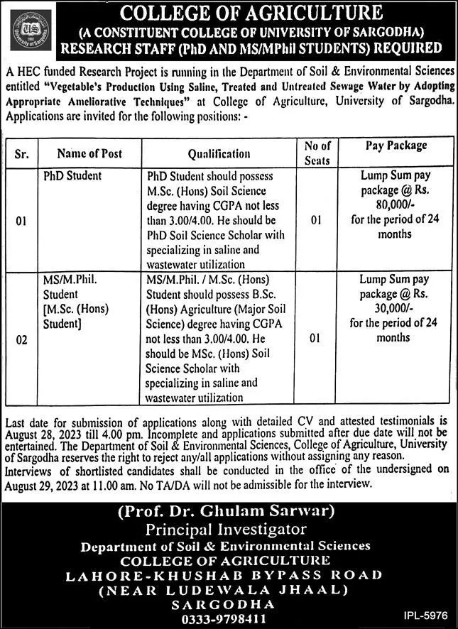 College Of Agriculture Sargodha Jobs 2023 – University Of Sargodha Jobs 2023 — original advertisement