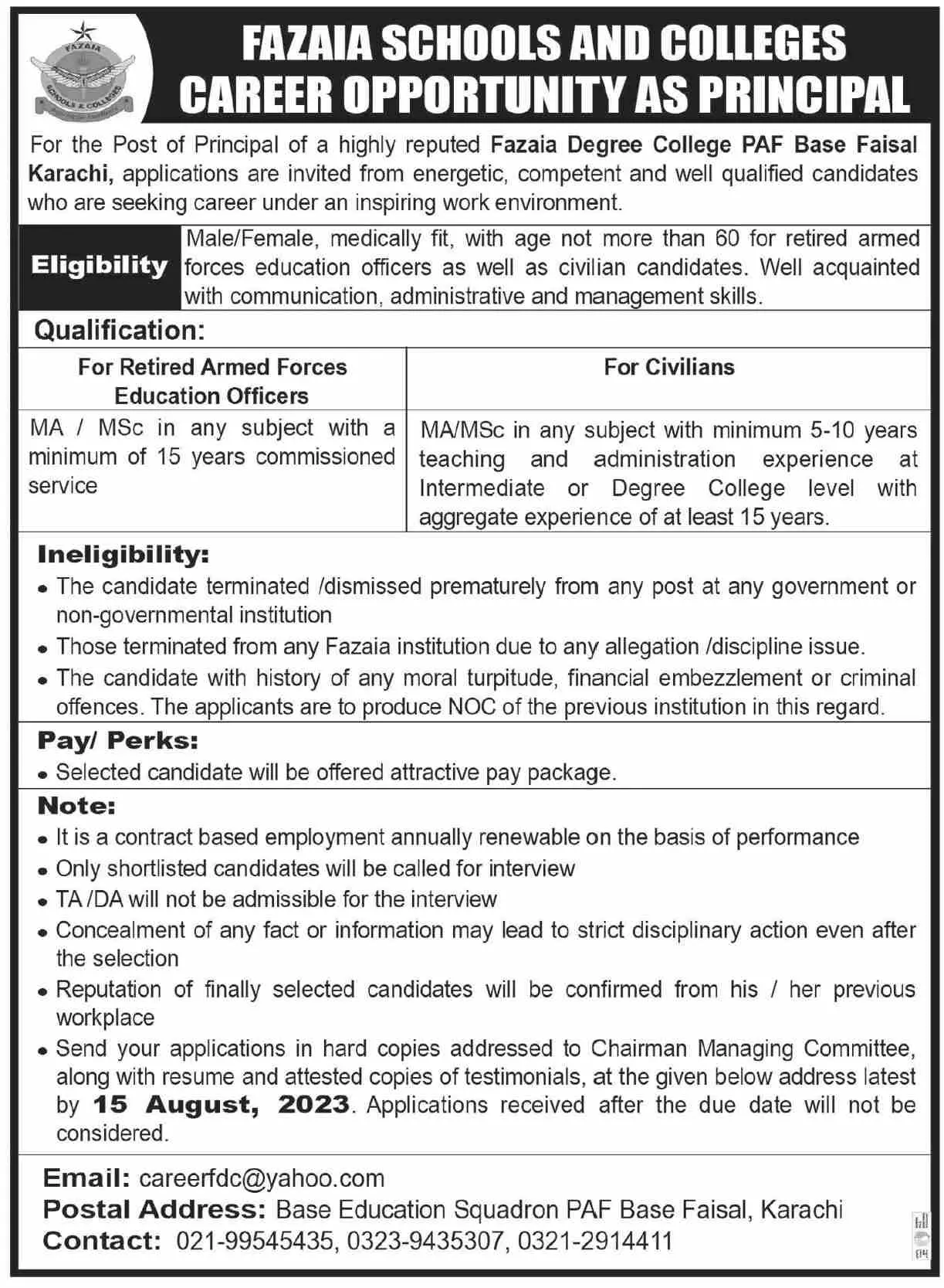 Fazaia Degree College PAF Base Faisal Karachi Jobs 2023 – Fazaia Schools & Colleges Jobs 2023 — original advertisement