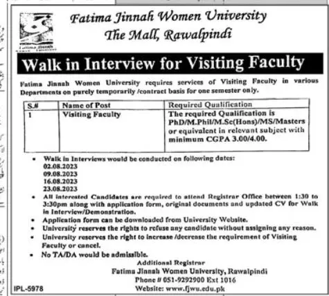 walk in Interview Fatima Jinnah Women University Rawalpindi Jobs 2023 — original advertisement
