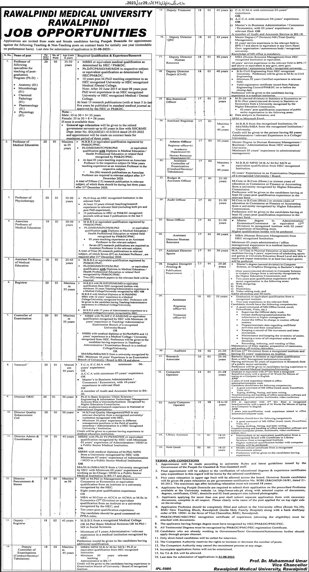 Rawalpindi Medical University Rawalpindi Jobs 2023 – Rawalpindi Medical University Punajb Jobs 2023 — original advertisement