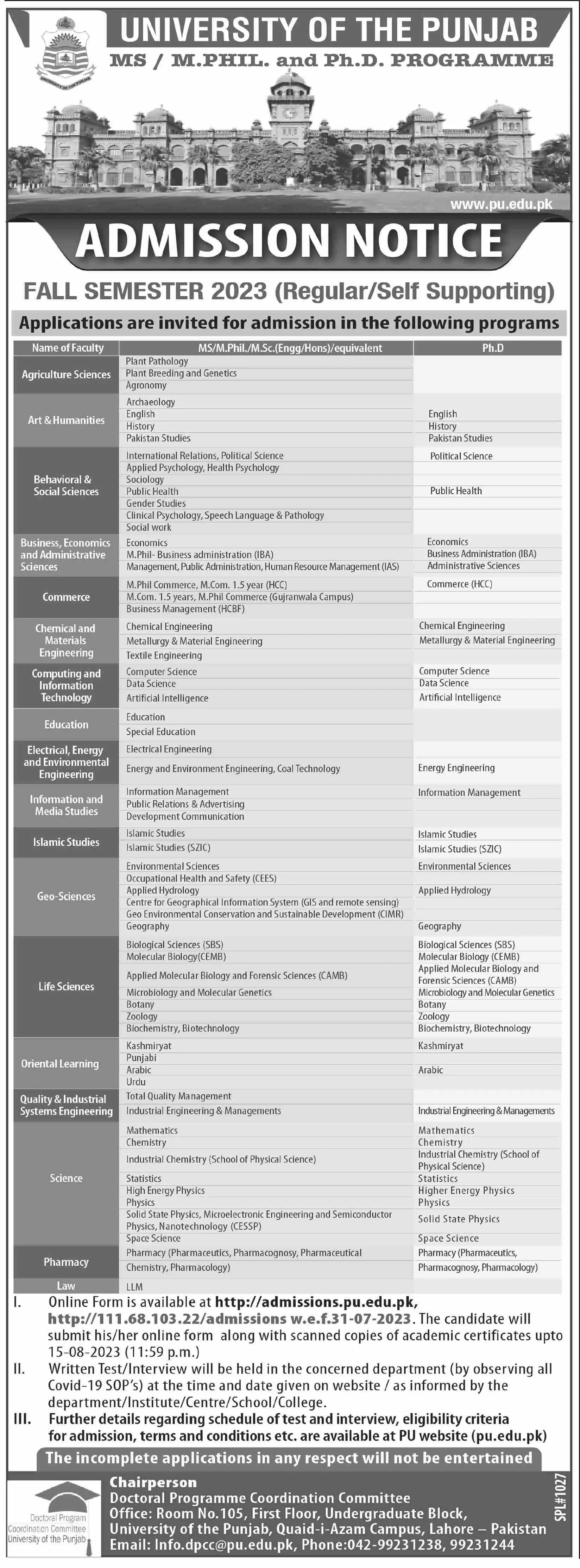 University of Punjab Admisisons 2023 Jobs 2023 — original advertisement