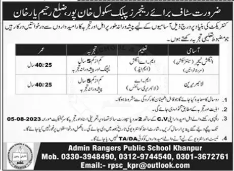 Rangers Public School Khanpur District Rahim Yar Khan Jobs – Punjab Rangers Jobs 2023 — original advertisement