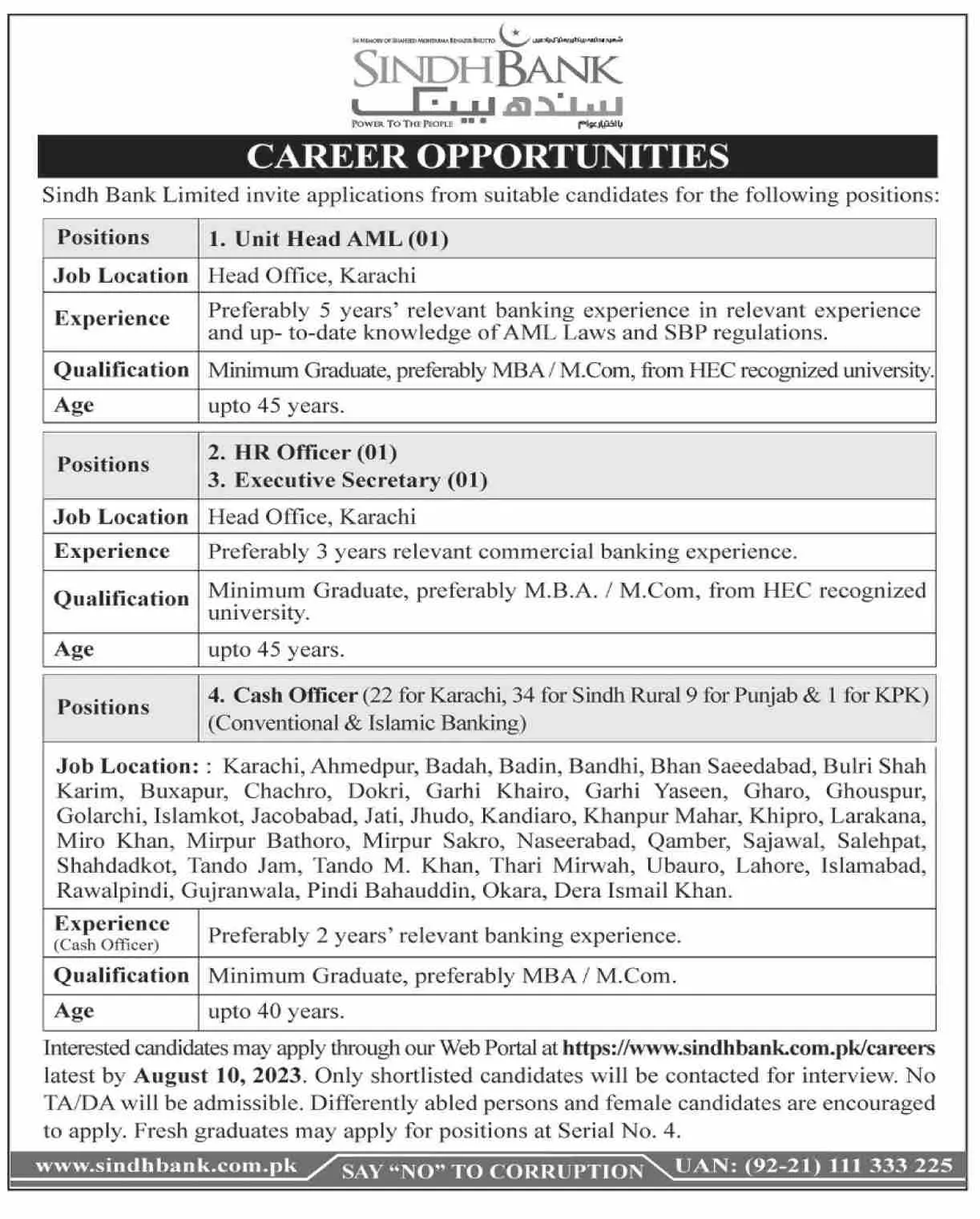Sindh Bank Karachi Sindh Jobs 2023 Jobs 2023 — original advertisement