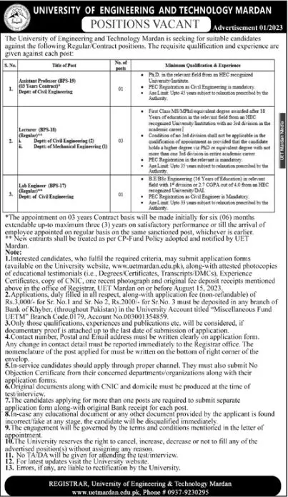 University of Engineering and Technology Mardan Jobs 2023 Jobs 2023 — original advertisement