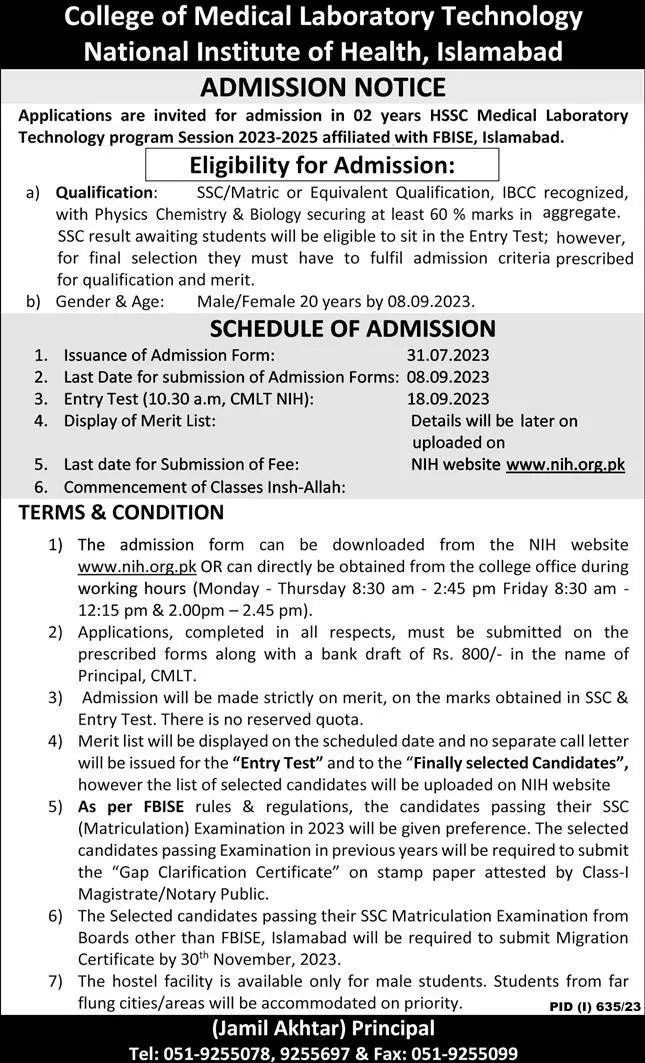 National Institute of Health Islamabad admissions 2023 – National Institute of Health and Management Sciences Admissions 2023 — original advertisement