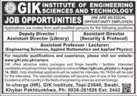 GIK Institute of Engineering Sciences & Technology Swabi Job – Ghulam Ishaq Khan GIK Institute of Engineering Sciences and Technology Swabi Jobs 2023 — original advertisement